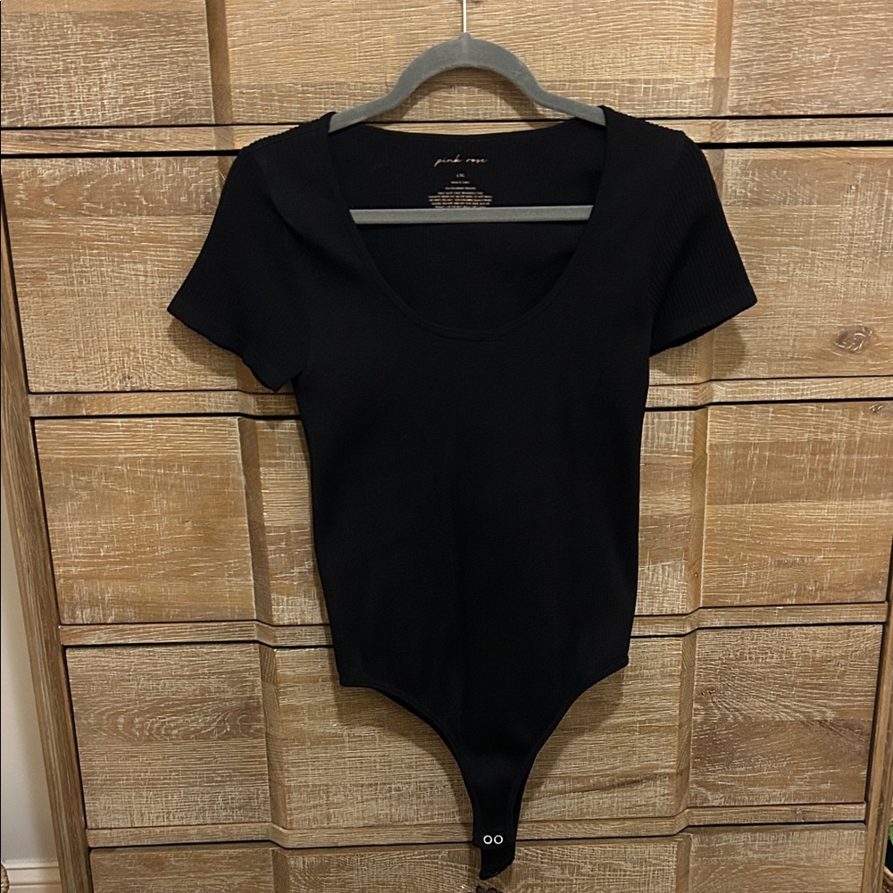 Pink Rose Black Ribbed Bodysuit